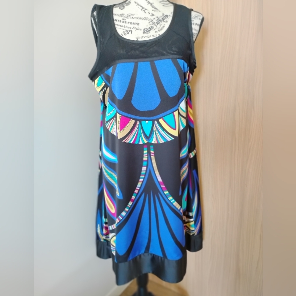 Nicole Miller Shift Dress Stained Glass Sleeveless Sheer Neckline